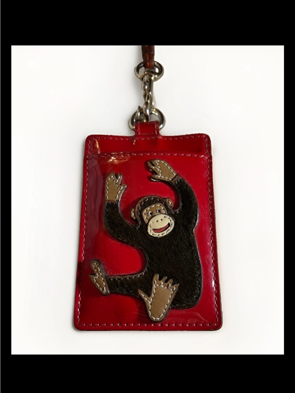 Coach Monkey Bag Charm/Lanyard- Brown Haircalf Fur, Red Patent Leather RARE 2016 - Picture 4 of 8